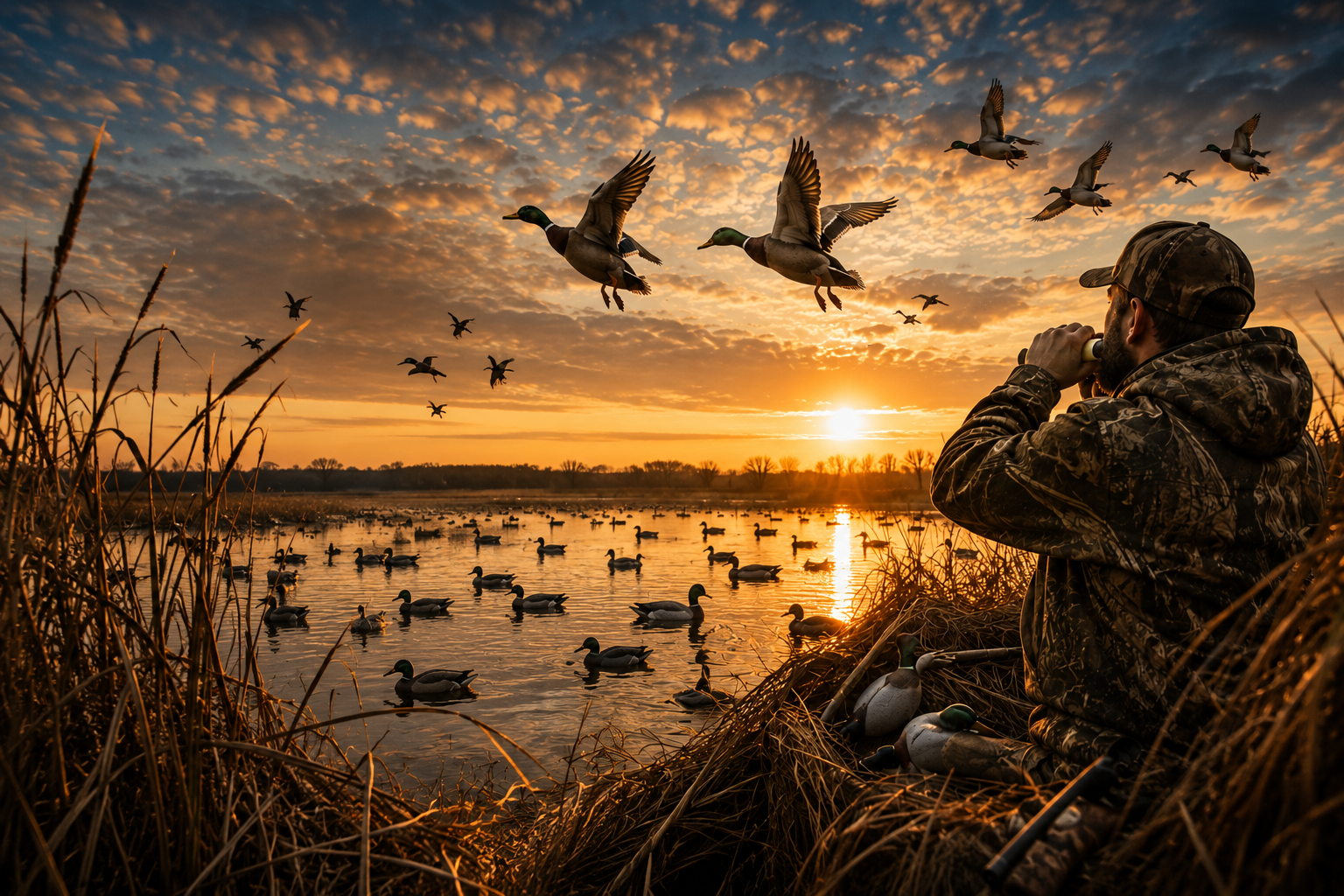 Waterfowl hunter calling ducks over a marsh at sunrise